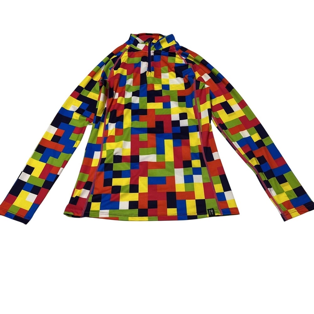 Neve Pullover Bright Colorful Checkered 1/4 Zip‎ Size M Cycling Athletic Stretch